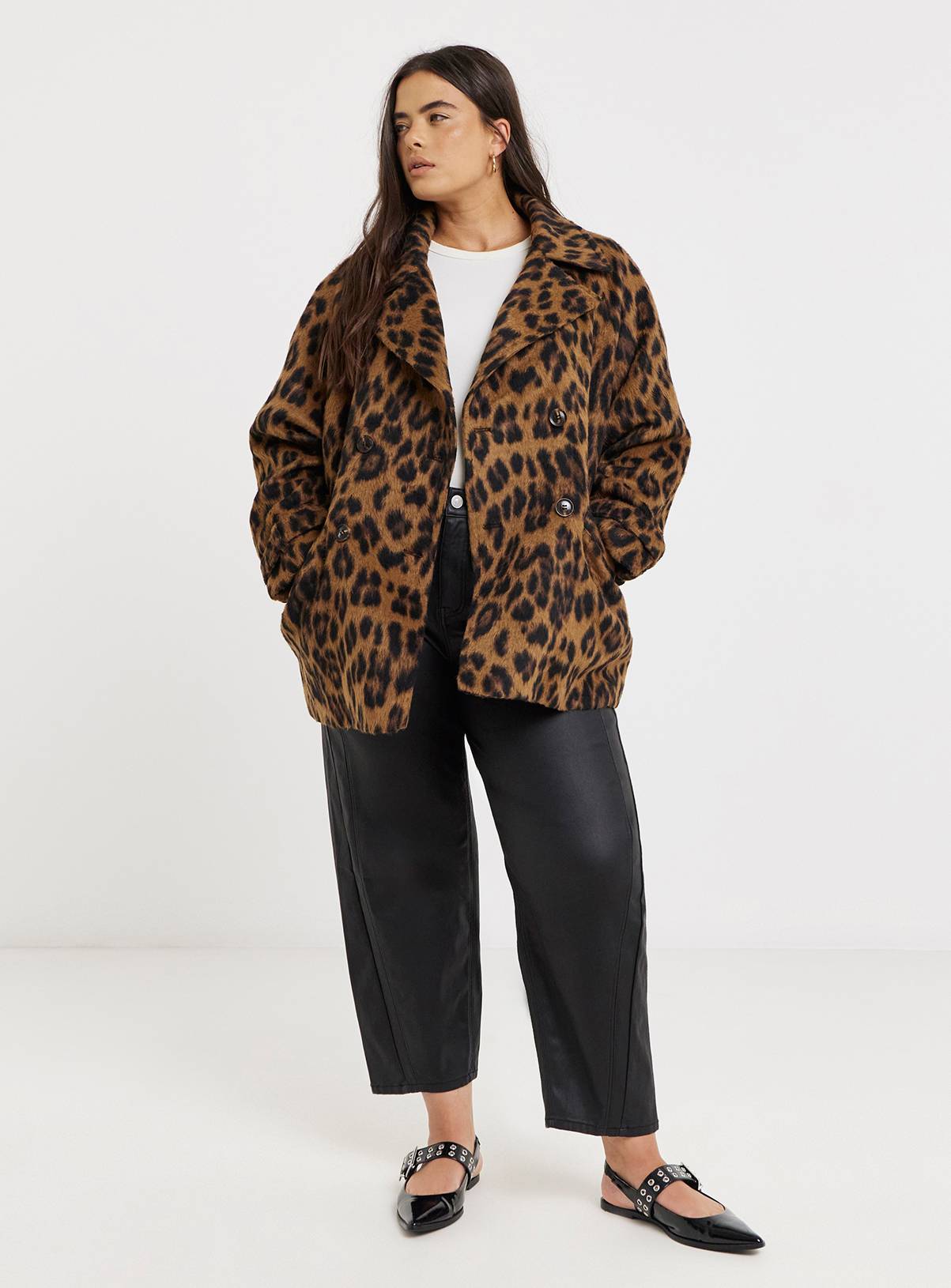 SIMPLY BE Double Breasted Faux Wool Animal Print Pea Coat 10 - Image 3